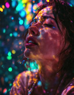 The primary subject of the image is a woman with long hair, who is looking up and appears to be enjoying the moment. She is surrounded by a colorful and vibrant environment, which adds to the overall atmosphere of the scene. The visual style of the image is a combination of photo and digital art, creating a unique and eye-catching effect. The colors and mood of the image are predominantly bright and lively, with the woman's expression and the surrounding environment contributing to the overall positive and energet